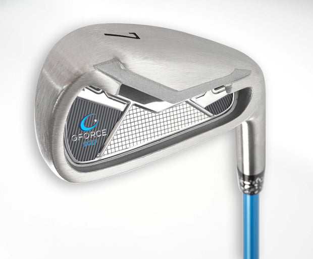 GForce 7 iron swing trainer showing brushed stainless steel clubhead, gforce logo and number 7, with blue flexible shaft club being held upright