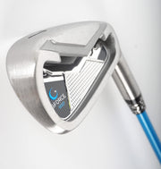 GForce 7 iron swing trainer showing brushed stainless steel clubhead, gforce logo and number 7 in upright position, showing blue flexible shaft