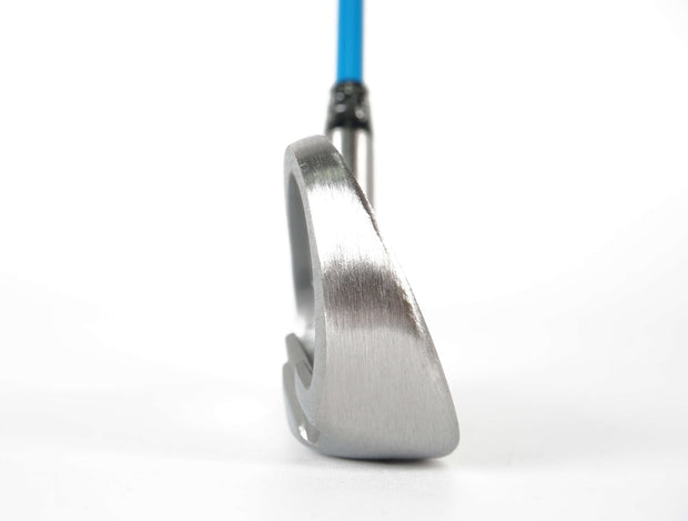 GForce 7 iron swing trainer showing the chunkly profile position of the brushed stainless steel clubhead