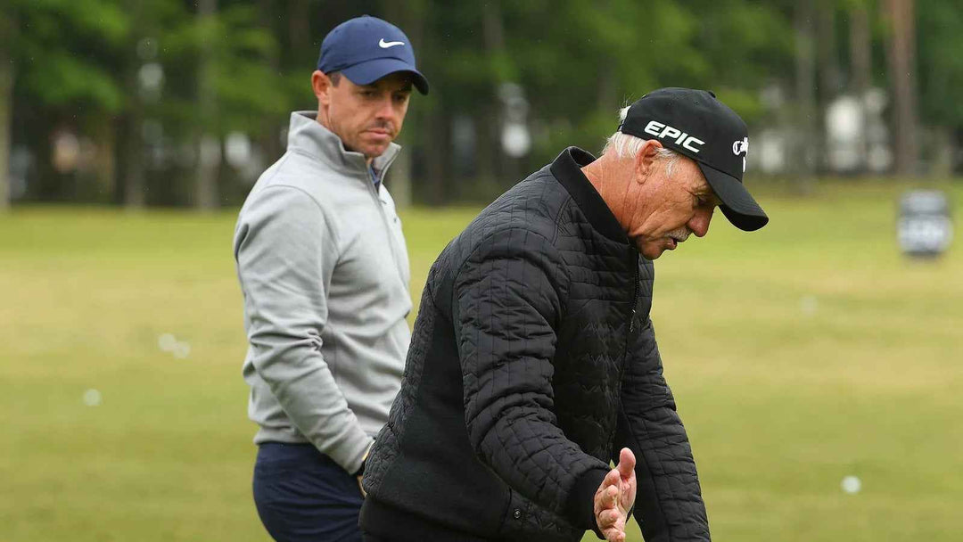 PGA tour coach pete cowen with rory mcilroy at the golf course during a golf training session using the Gforce swing trainer