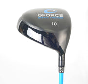 Gforce driver, showing the back of the black titanium clubhead with gforce logo and number 10 and blue gforce flexible shaft