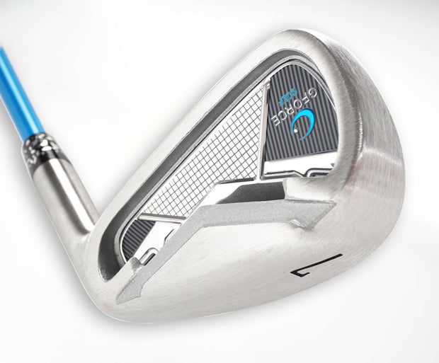 GForce 7 iron swing trainer showing brushed stainless steel clubhead, gforce logo and number 7 in a downward position