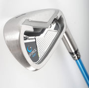 GForce 7 iron swing trainer showing brushed stainless steel clubhead, gforce logo and number 7 in a upright position