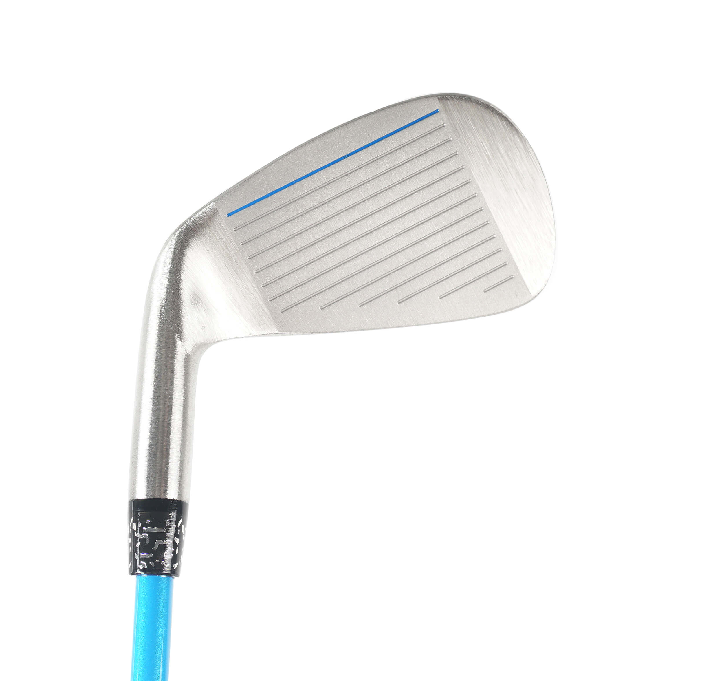 GForce 7 iron swing trainer showing the CNC micro-milled clubface detail which has USGA approval  stainless steel clubhead, gforce logo and number 7 in a downward position