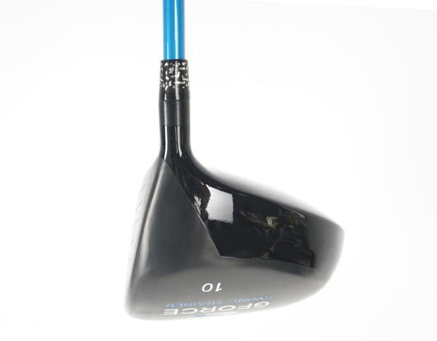 Gforce driver, showing the base of the black titanium clubhead with gforce logo and number 10 and blue gforce flexible shaft
