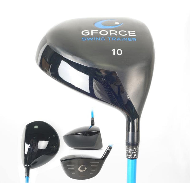 four images of Gforce driver swing trainer in upright postion, face on position, clubface positon, showing black titanium driver head