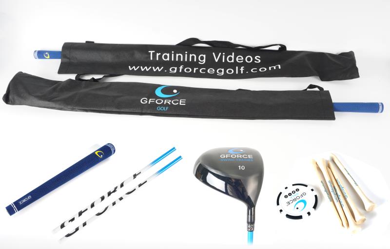 contents of products supplied with each gforce driver swing trainer purchase, contains gforce branded driver swing trainer, golf tees, bolf bag and golf ball marker poker chips